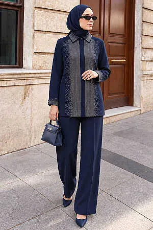 Imported Crepe Navy Blue Stone Embroidered Modest Two-Piece Set 95726L - 1