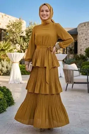 Imported Crepe Oil Green Layered Pleated Modest Dress 95719YY 