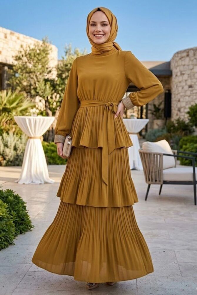 Imported Crepe Oil Green Layered Pleated Modest Dress 95719YY - 1