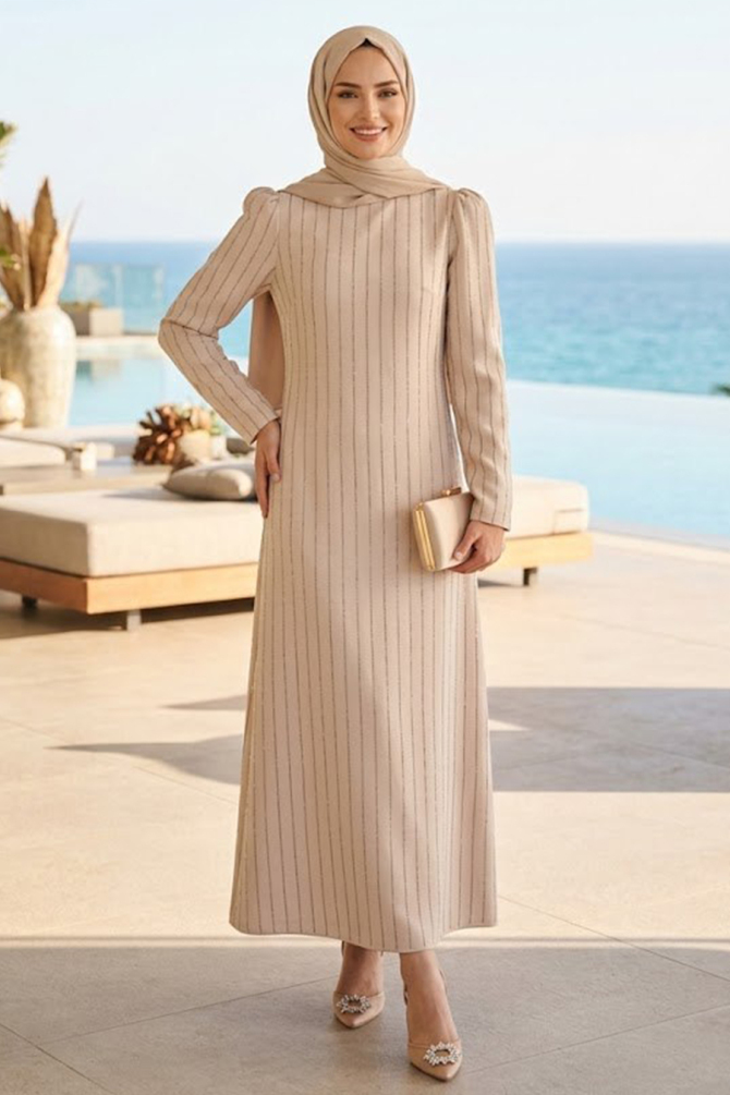 Imported Crepe Striped Beige Modest Dress 95707BEJ - 1