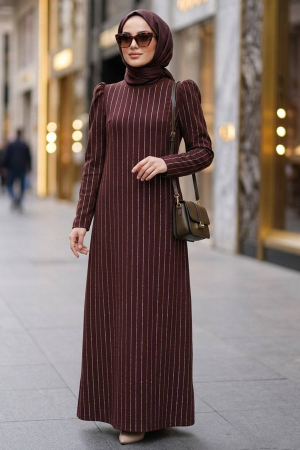 Imported Crepe Striped Brown Modest Dress 95707KH 