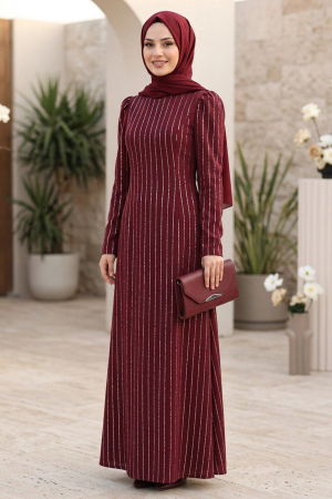 Imported Crepe Striped Burgundy Modest Dress 95707BR 