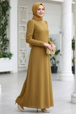 Imported Crepe Striped Oil Green Modest Dress 95707YY 