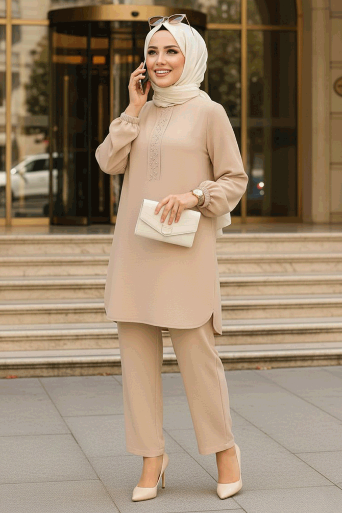 İnci Detaylı Bej Tesettür İkili Takım 12802BEJ - 1