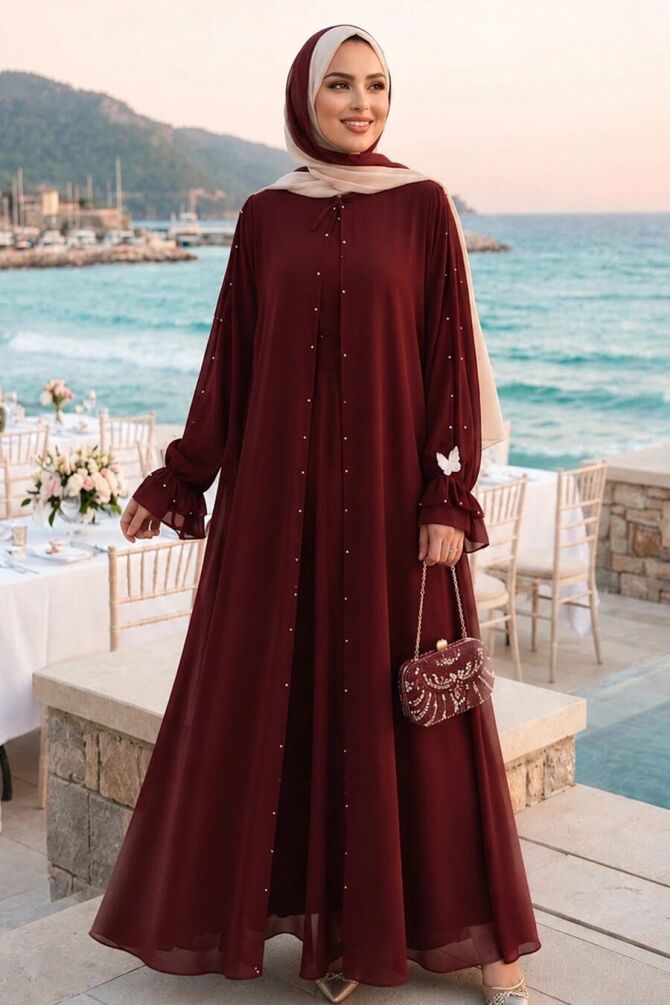 İnci Detaylı Bordo Tesettür Abaya Elbise 10271BR - 1