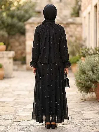 İnci Detaylı Fırfırlı Siyah Tesettür Takım 53383S - 2