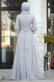 İnci Detaylı Gri Tesettür Abiye Elbise 2140GR - Thumbnail