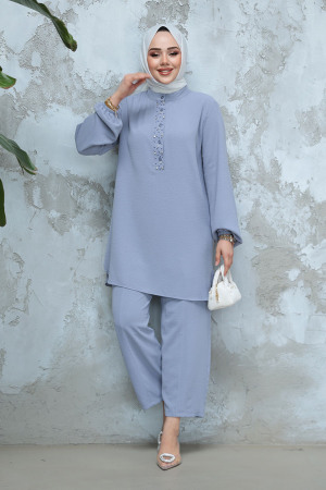 İnci Detaylı Gri Tesettür İkili Takım 12802GR - 2
