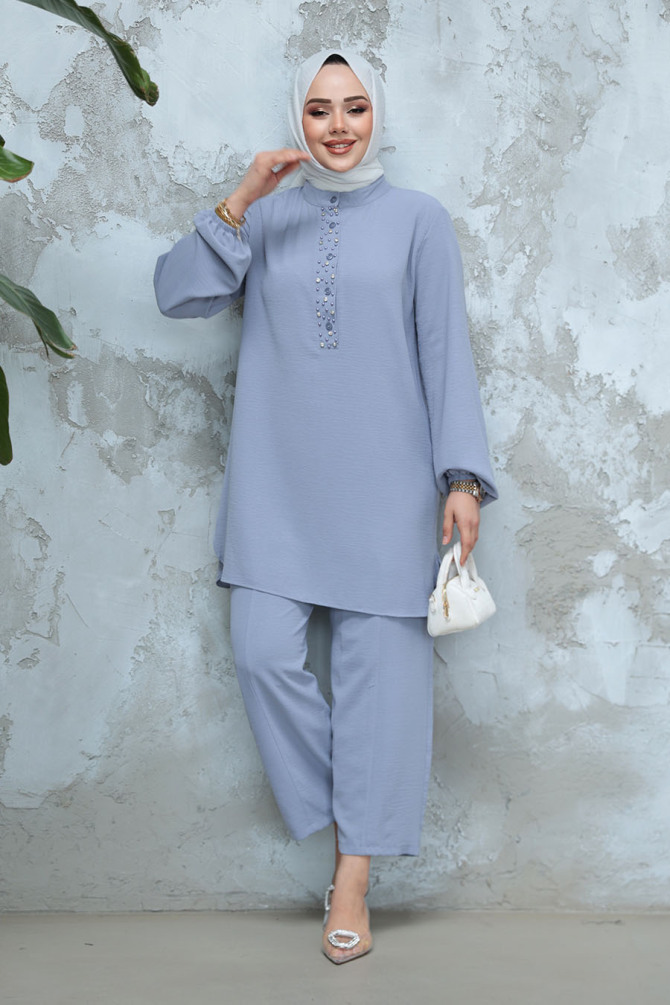 İnci Detaylı Gri Tesettür İkili Takım 12802GR - 2
