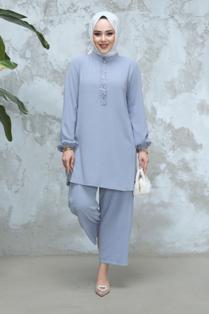 İnci Detaylı Gri Tesettür İkili Takım 12802GR 