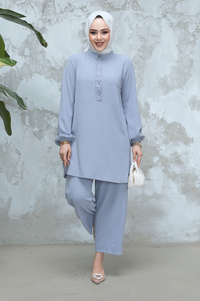 İnci Detaylı Gri Tesettür İkili Takım 12802GR - 1