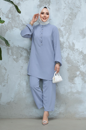 İnci Detaylı Gri Tesettür İkili Takım 12802GR - 3