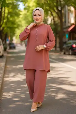 İnci Detaylı Gül Kurusu Tesettür İkili Takım 12802GK 