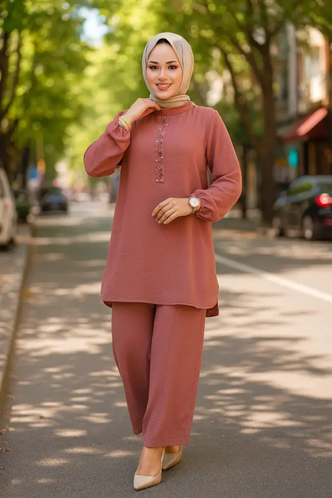 İnci Detaylı Gül Kurusu Tesettür İkili Takım 12802GK - 1