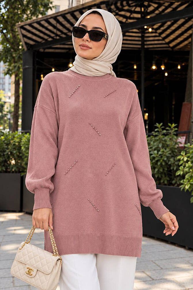 Pearl-Detail Dusty Rose Modest Knit Sweater 10932GK - 1