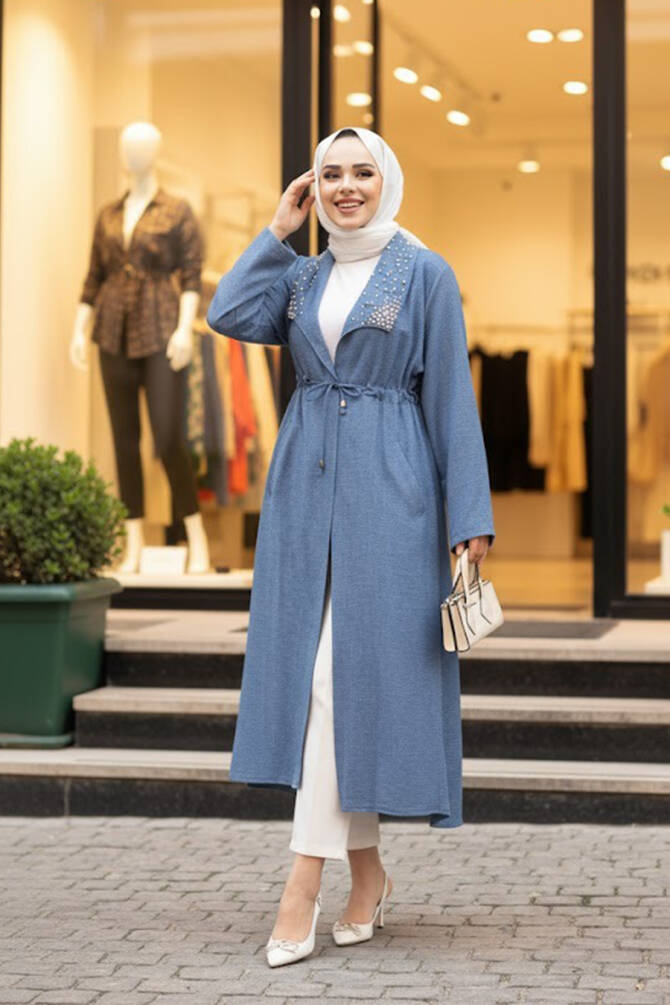 İnci Detaylı İndigo Mavisi Tesettür Kap 6714IM - 1