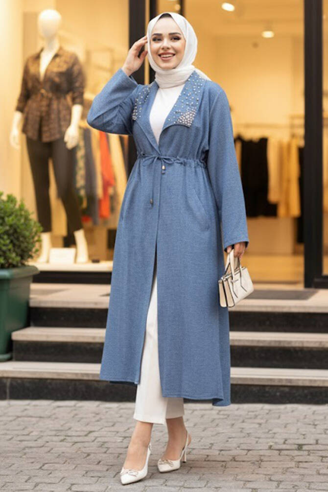 İnci Detaylı İndigo Mavisi Tesettür Kap 6714IM - 1
