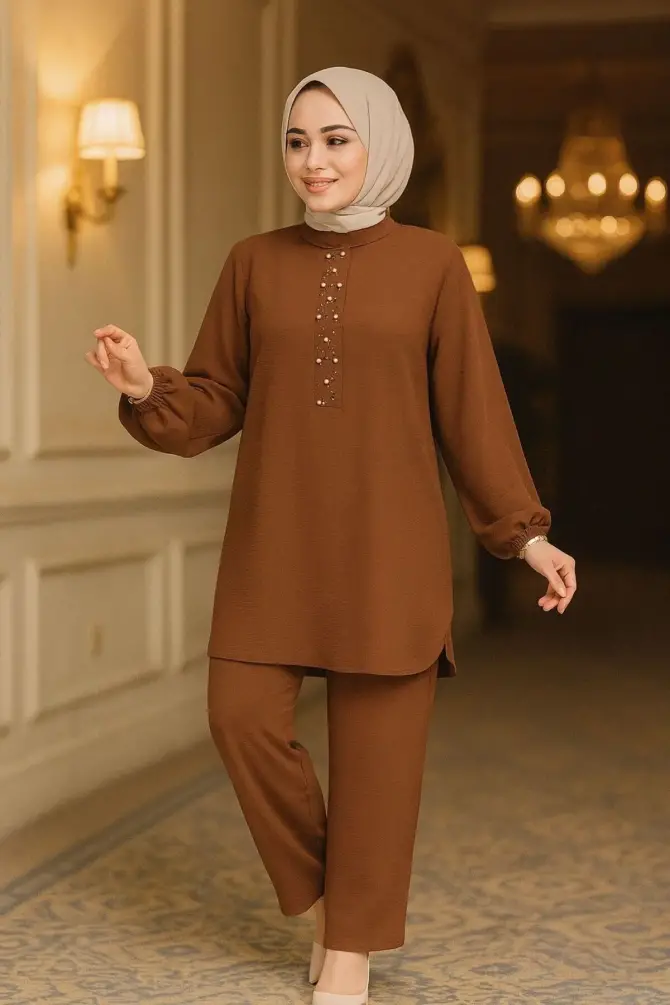 İnci Detaylı Kahverengi Tesettür İkili Takım 12802KH - 1