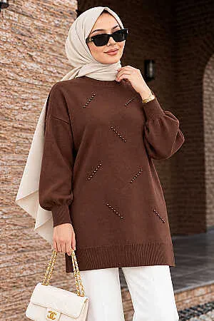 Pearl-Detail Brown Modest Knit Sweater 10932KH 