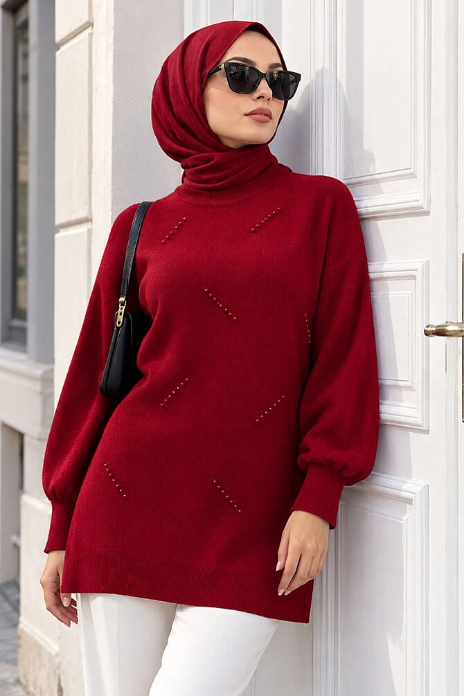 Pearl-Detail Red Modest Knit Sweater 10932K - 1