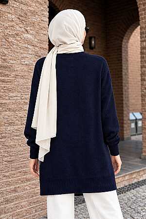 Pearl-Detail Navy Modest Knit Sweater 10932L - 2