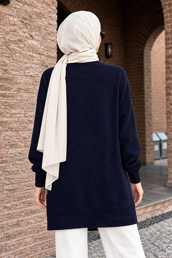 Pearl-Detail Navy Modest Knit Sweater 10932L - 2