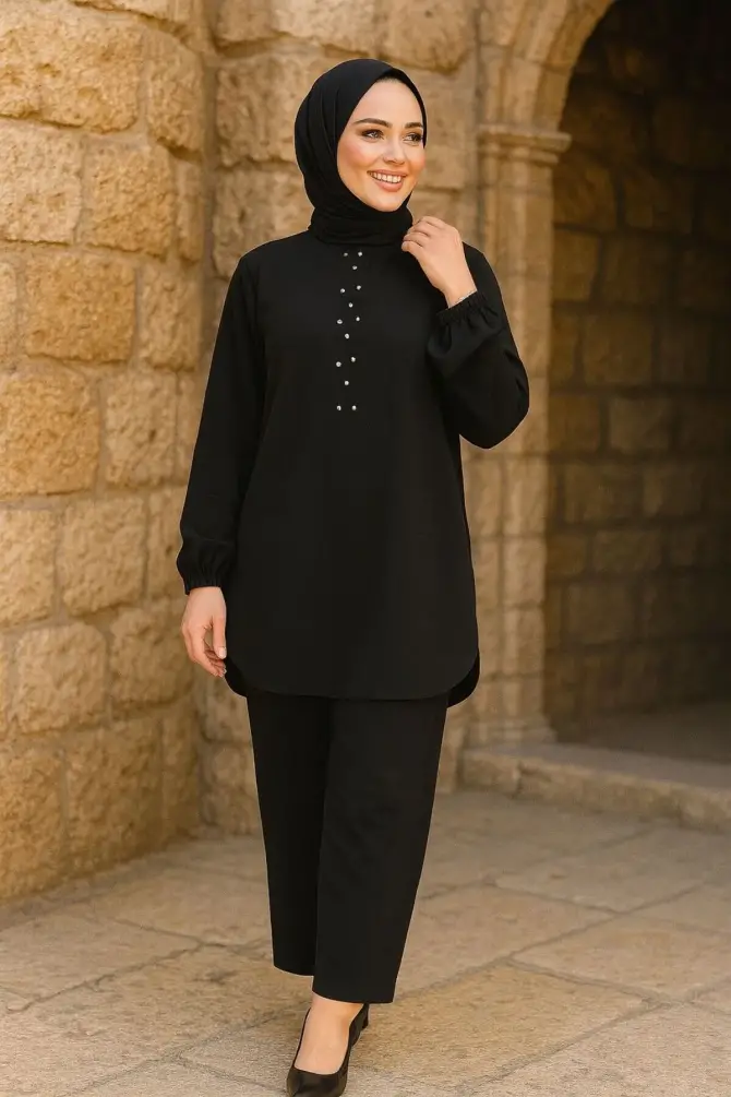 İnci Detaylı Siyah Tesettür İkili Takım 12802S - NEVA STYLE