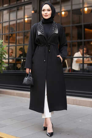 İnci Detaylı Siyah Tesettür Kap 6714S 