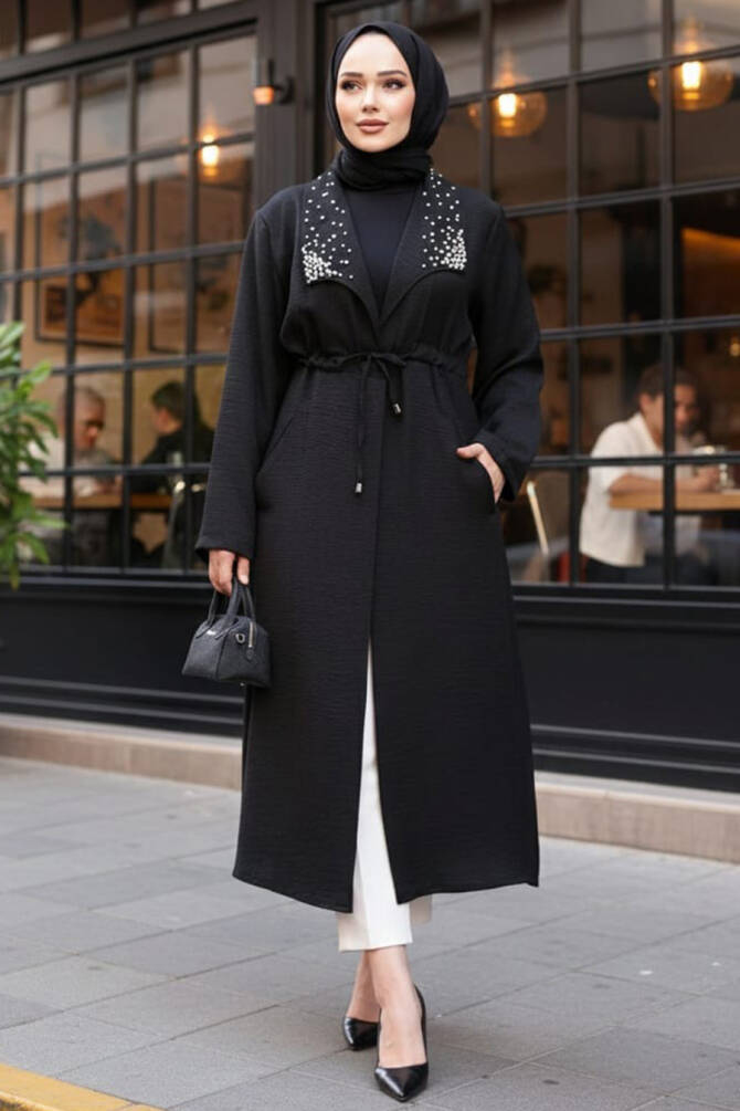 İnci Detaylı Siyah Tesettür Kap 6714S - 1