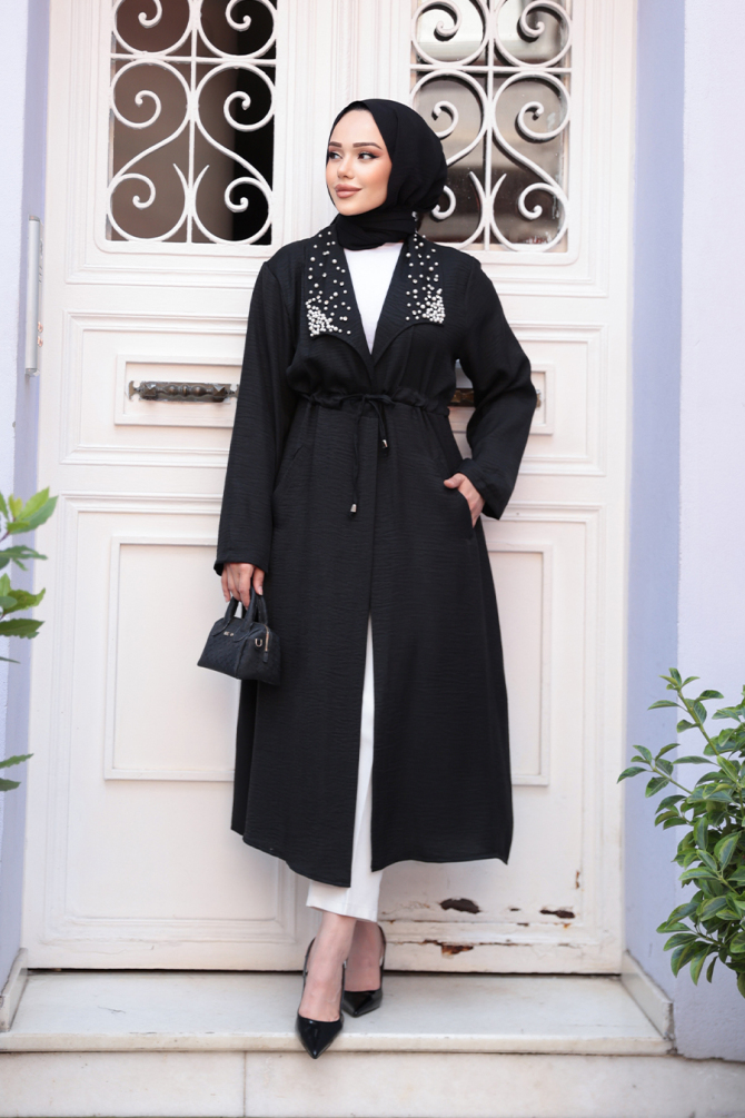 İnci Detaylı Siyah Tesettür Kap 6714S - N.S NEVA STYLE