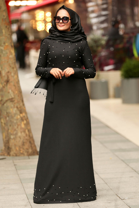 İnci Detaylı Siyah Tesettür Elbise 10080S