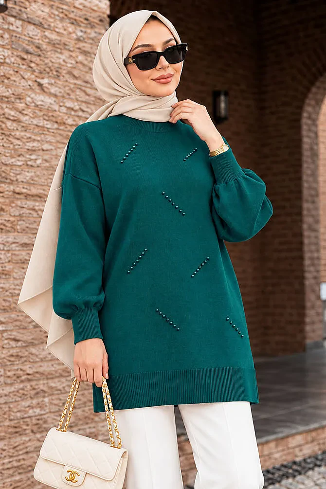 Pearl-Detail Emerald Green Modest Knit Sweater 10932ZY - 1