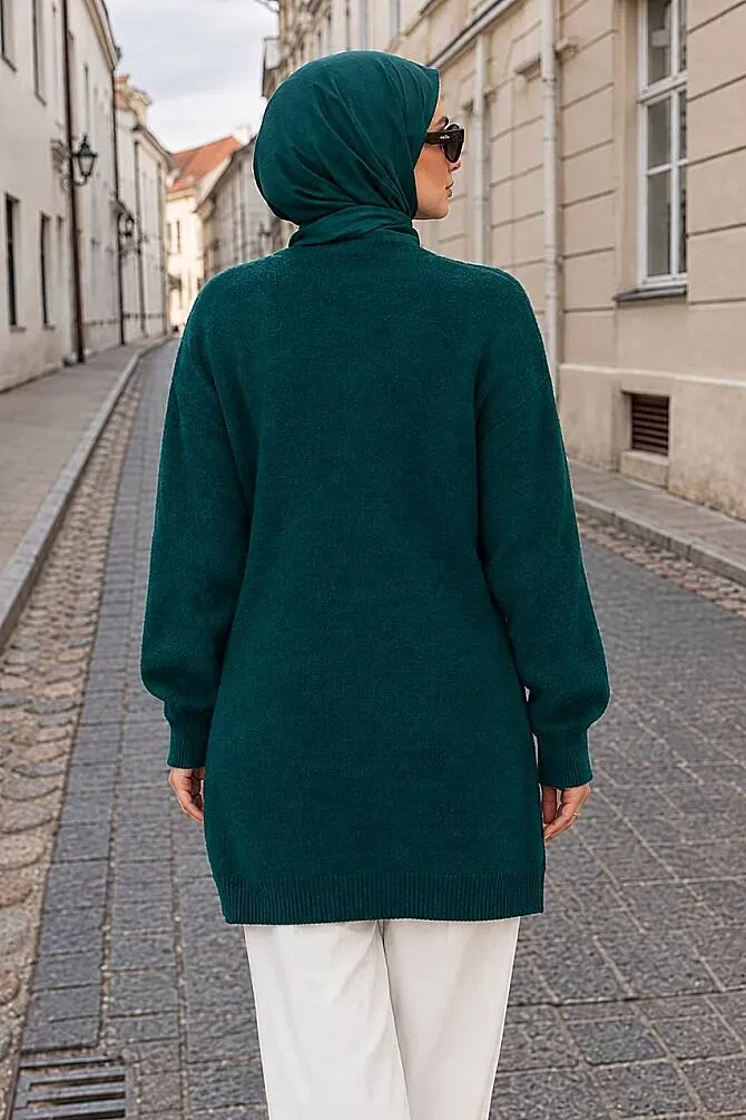 Pearl-Detail Emerald Green Modest Knit Sweater 10932ZY - 2