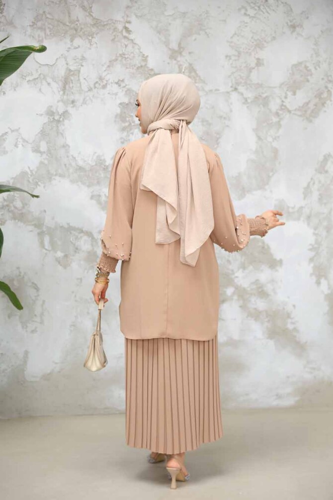 İnci İşlemeli Camel Tesettür Etekli İkili Takım 10991C - 4