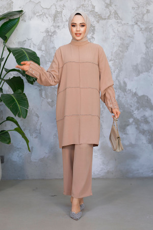 İnci İşlemeli Camel Tesettür İkili Takım 65883C - 2