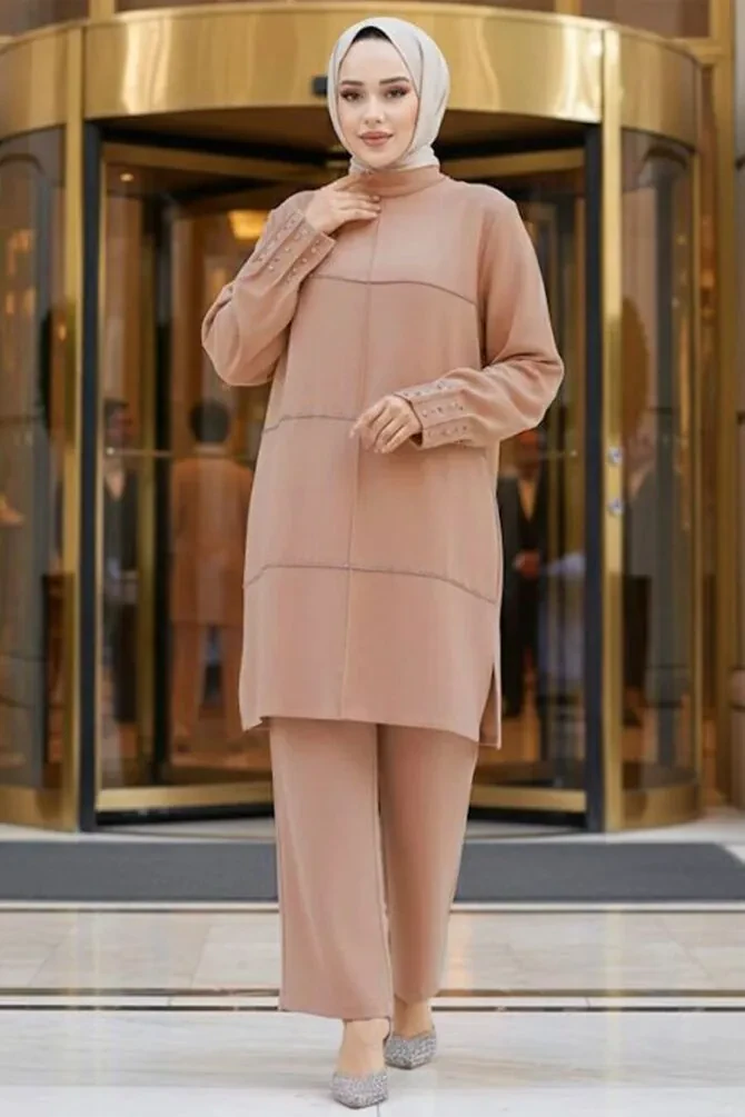 İnci İşlemeli Camel Tesettür İkili Takım 65883C - 1