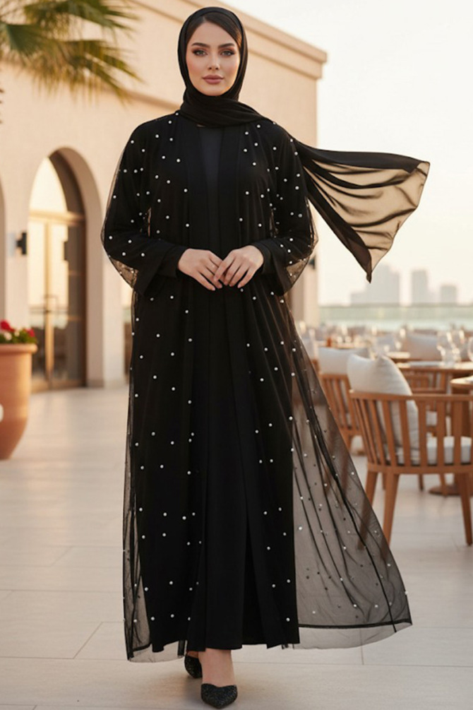 İnci İşlemeli Lacivert Tesettür Abaya Takım 42781S - 1