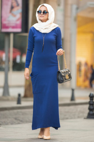 Indigo Bleu - Neva Style - Robe En Tricot Hijab 15369IM - Thumbnail