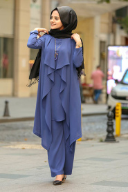 Indigo Bleu- New Kenza - Nayla Collection Robe Hijab 51131IM - Thumbnail
