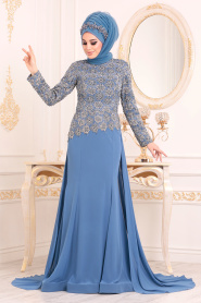 Indigo Bleu - Tesettürlü Abiye Elbise - Robe de Soirée Hijab 18770IM - Thumbnail