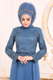Indigo Bleu- Tesettürlü Abiye Elbise - Robe de Soirée Hijab 2944IM - Thumbnail