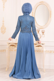 Indigo Bleu- Tesettürlü Abiye Elbise - Robe de Soirée Hijab 2944IM - Thumbnail