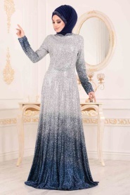 Indigo Bleu-Tesettürlü Abiye Elbise - Robe de Soirée Hijab 8508IM - Thumbnail
