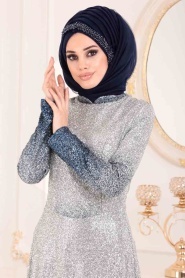 Indigo Bleu-Tesettürlü Abiye Elbise - Robe de Soirée Hijab 8508IM - Thumbnail