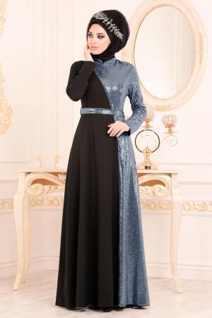 Indigo Bleu- Tesettürlü Abiye Elbise - Robes de Soirée Hijab 1234IM - 1
