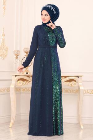 Indigo Bleu - Tesettürlü Abiye Elbise - Robes de Soirée Hijab 85591IM				 - 1