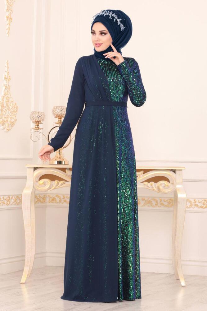 Indigo Bleu - Tesettürlü Abiye Elbise - Robes de Soirée Hijab 85591IM				 - 1