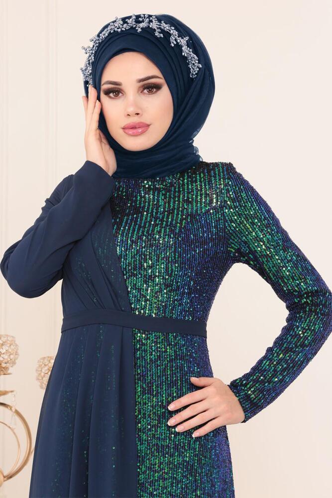 Indigo Bleu - Tesettürlü Abiye Elbise - Robes de Soirée Hijab 85591IM				 - 2