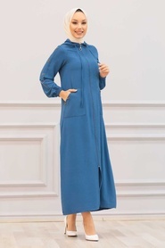 İndigo Blue Hijab Coat 3729IM - Thumbnail