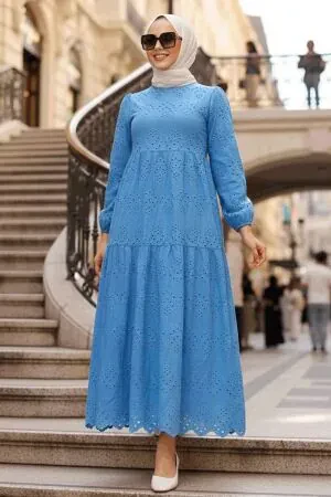 Neva Style -İndigo Blue Hijab Dress 1073IM - 1
